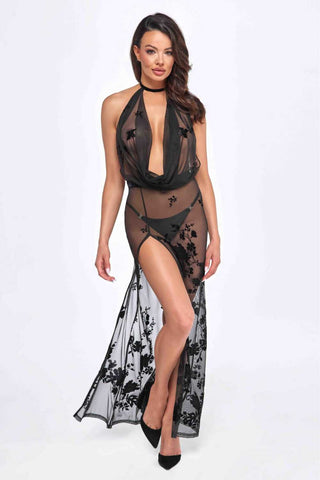 Noir Handmade F312 langes Kleid beflocktes Netz