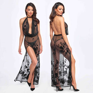 Noir Handmade F312 langes Kleid beflocktes Netz
