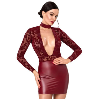 Noir Langarm Minikleid burgunderrot Samtflockprint