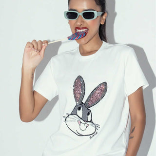 Bunny Shirt mit Pailetten exclusiv weiss Sahi London Gr. S