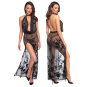 Noir Handmade F312 langes Kleid beflocktes Netz 
